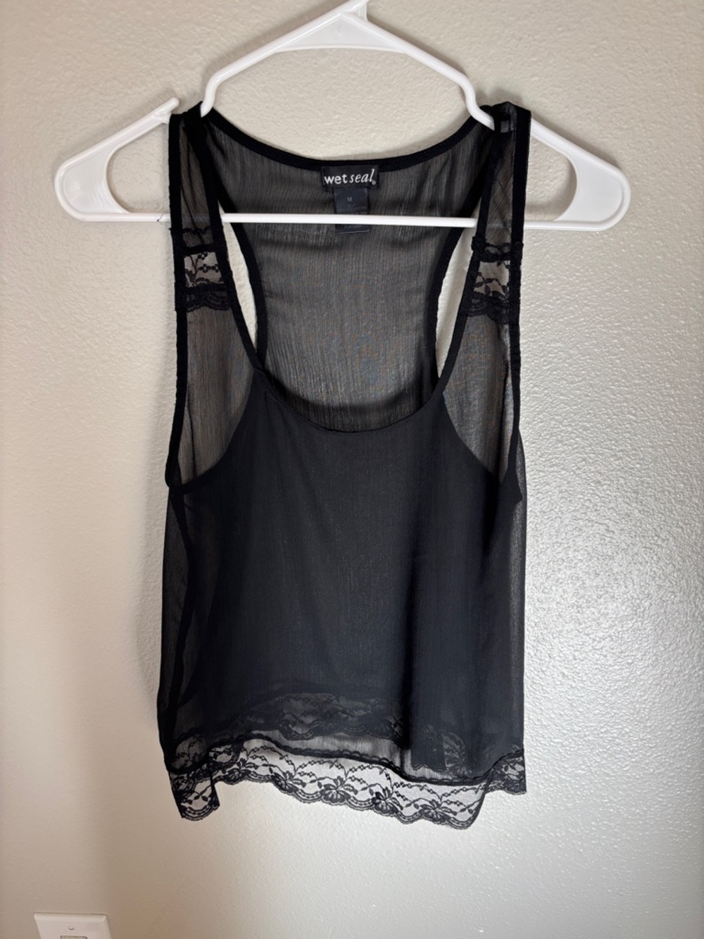 Wet Seal Black Sheer Lace-Trim Racerback Tank -237sku